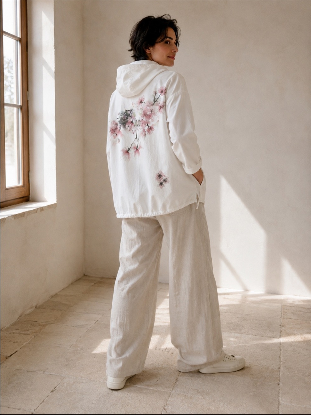 Made in Italy Cherry Blossom Cotton Blend Hooded Jacket White Est L